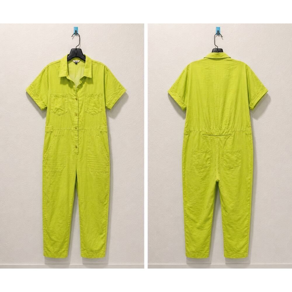 THE KIT Neon Lime Utility Jumpsuit Cotton Coverall Small